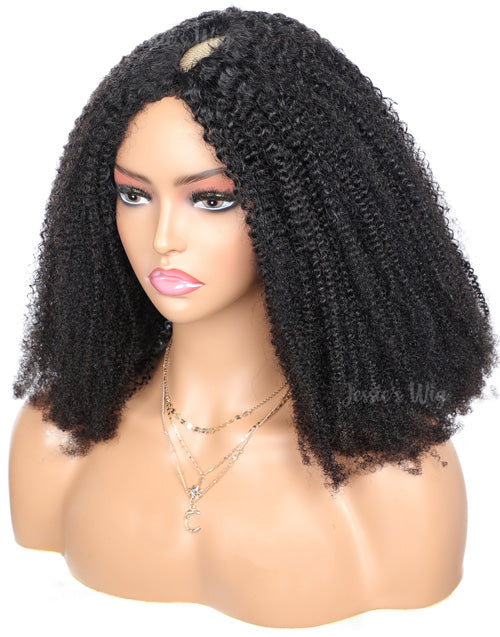 Jessies Wig 4B 4C Thin V Part Wig Glueless Afro Kinky Curly Human Hair Wig No Leave-Out