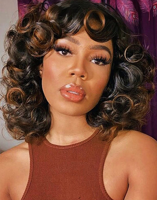 Jessies Wig Double Drawn Short Bouncy Curly Human Hair Wig With Bangs Ombre Honey Blonde 99j Natural Black Color