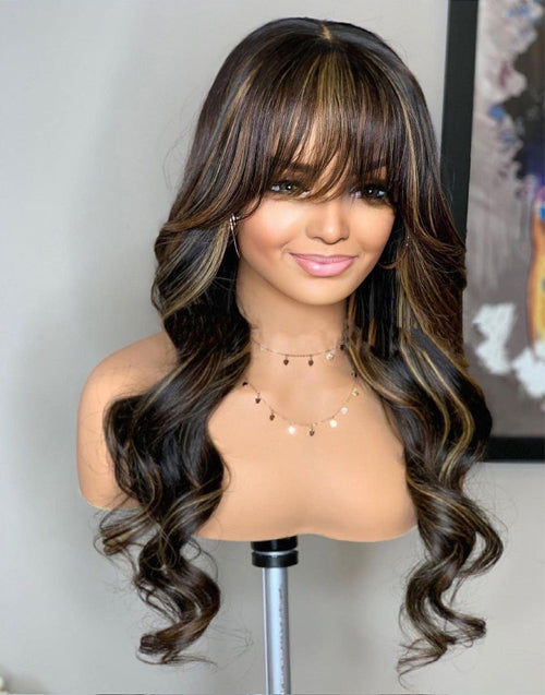 Jessies Wig Buy 2 Wigs= $229 18" Highlight Honey Blonde Lace Closure Wig With Bangs 10" Water Wave Bob Headband Wig