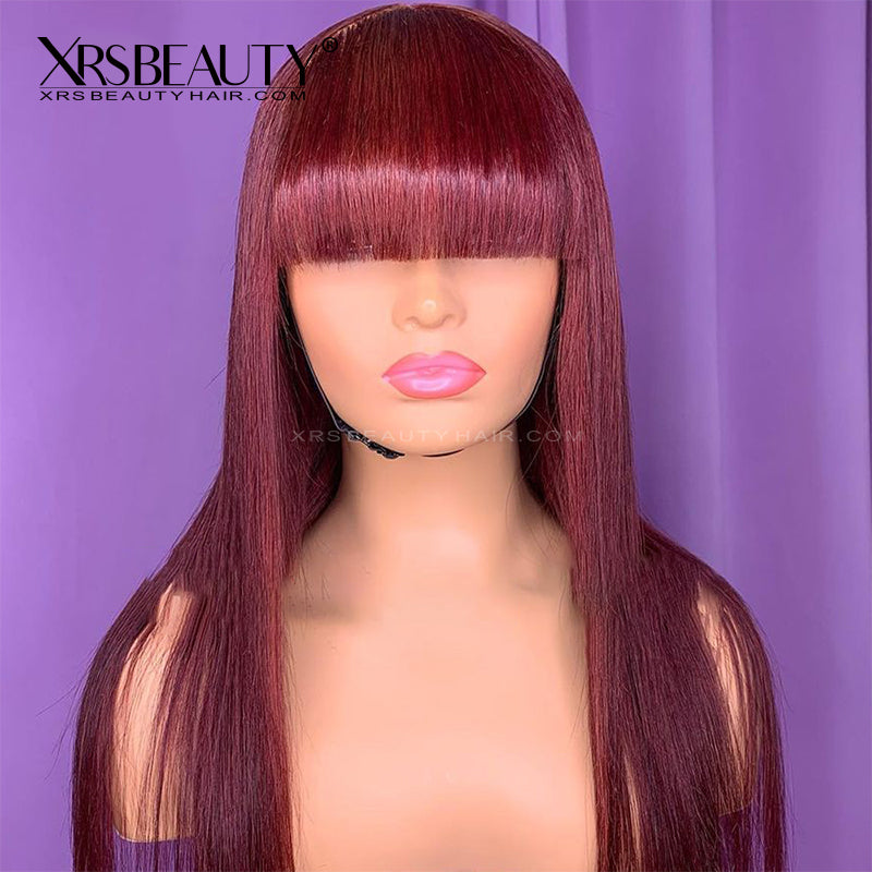 Xrs Beauty Hair Burgundy Wig with Bangs Long Straight Human Hair 13x4 Lace Front Wig [CFW05]