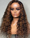 Jessies Wig Brown Piano Deep Curly Highlights 4x4 HD Lace Glueless Preplucked Wig Human Hair With Black Roots