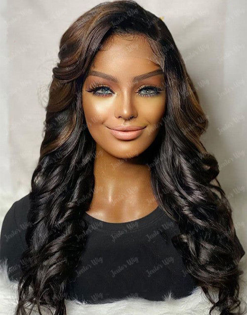 Jessies Wig Summer Ombre Brown Bouncy Curl Glueless 4x4 HD Lace Wig With Black Roots Human Hair Wig