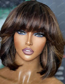 Jessies Wig Balayage Highlight Straight Bob Wig With Bangs Glueless Human Hair Wig With Fringe