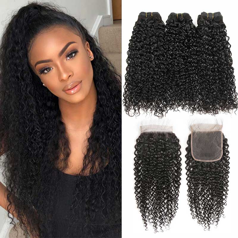 Ali Grace Brazilian Kinky Curly Hair Bundles 3 Pcs With 4x4 Lace Closure Full Cuticle Aligned