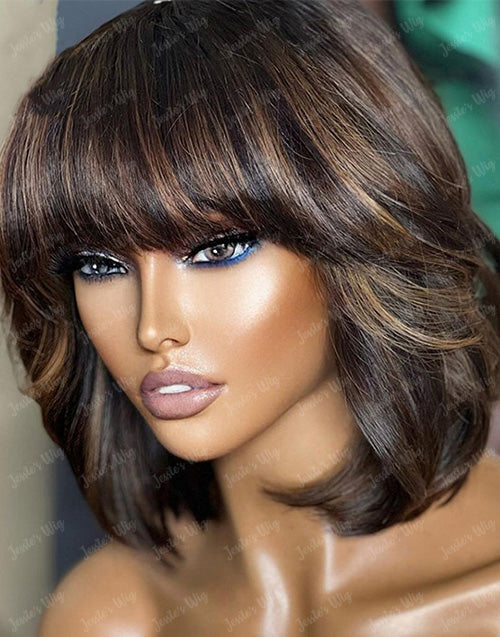 Jessies Wig Balayage Highlight Straight Bob Wig With Bangs Glueless Human Hair Wig With Fringe