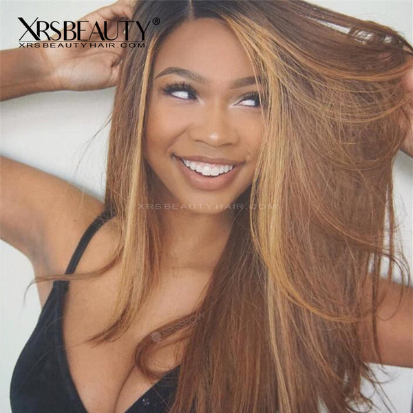 Xrs Beauty Hair Straight Ombre Honey Brown Human Hair Lace Wig With Blonde Money Piece Highlights [CFW14]