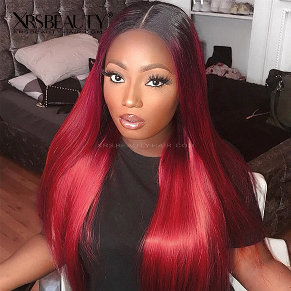 Xrs Beauty Hair Black and Red Ombre Human Hair 13x4 Lace Front Straight Wig [CFW06]