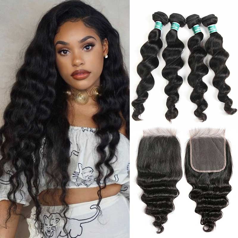 Ali Grace Loose Wave Hair Bundles 4 Pcs With 4x4 Lace Closure