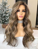 Jessies Wig Ash Blonde Highlight Wavy 13x4 Lace Front Wig With Dark Roots Glueless Swiss Lace Human Hair Wig