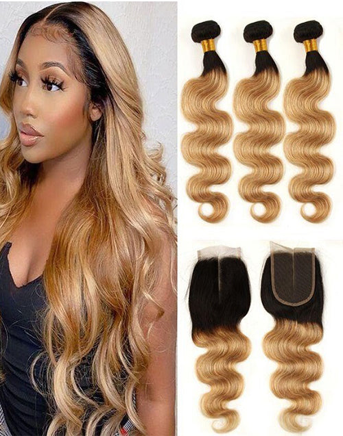 Jessies Wig Body Wave T1B/27 Ombre Honey Blonde Brazilian Hair 3 Bundles With Closure