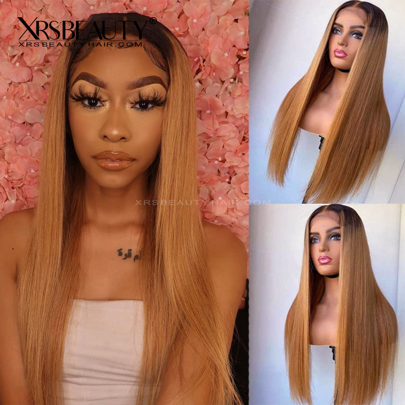 Xrs Beauty Hair Ombre Honey Blonde Straight Front Lace Human Hair Wigs With Baby Hair Pre Plucked [CFW38]