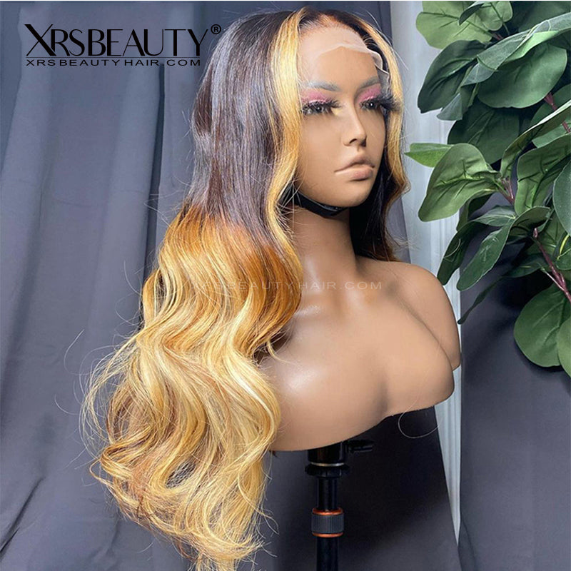 Xrs Beauty Hair Yellow Orange Ombre Hair With Money Piece Highlights Body Wave Front Lace Human Hair Wig [CFW30]