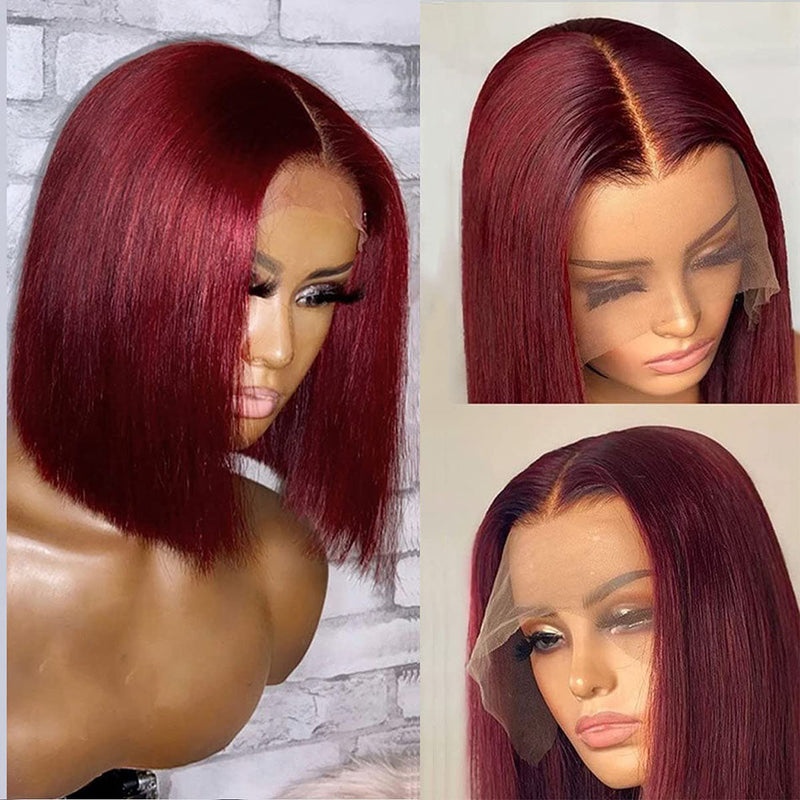 Dola Hair 99J Burgundy Short Bob T Part Lace Front Human Hair Wig