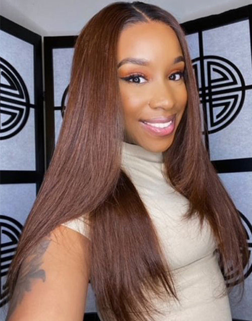 Jessies Wig Ombre Dark Brown Straight Layer Cut 13x4 Lace Frontal Wig With Black Roots Human Hair Glueless Wig