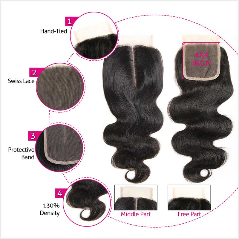 Brazilian Body Wave 4x4 Closure 100% Human Hair Lace Closure Natural Color Body Wave Closure Remy Hair