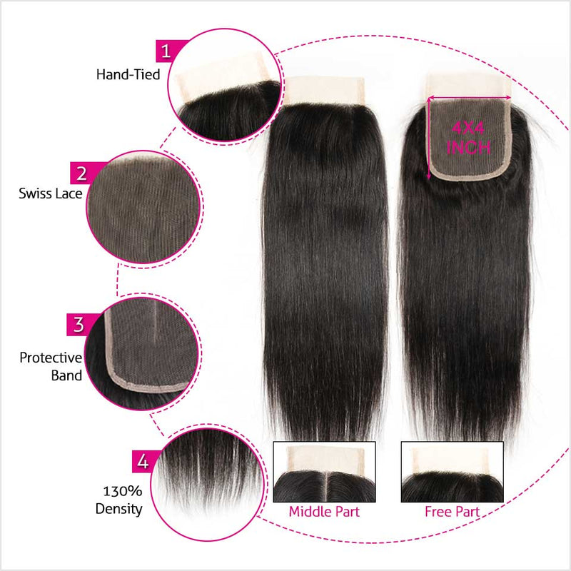 Ali Grace Straight Human Hair Bundles 4 Pcs With 4x4 Lace Closure