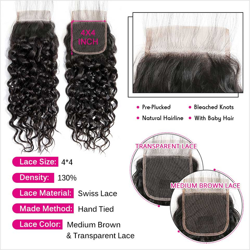 Ali Grace Water Wave Human Hair Bundles 3 Pcs With 4x4 Lace Closure