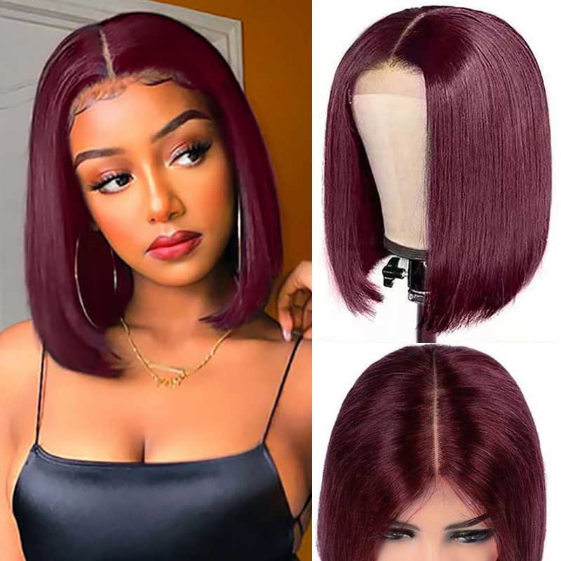 Aligrace 4X4 Closure Lace Straight Short Bob Wig Burgundy 99J Color