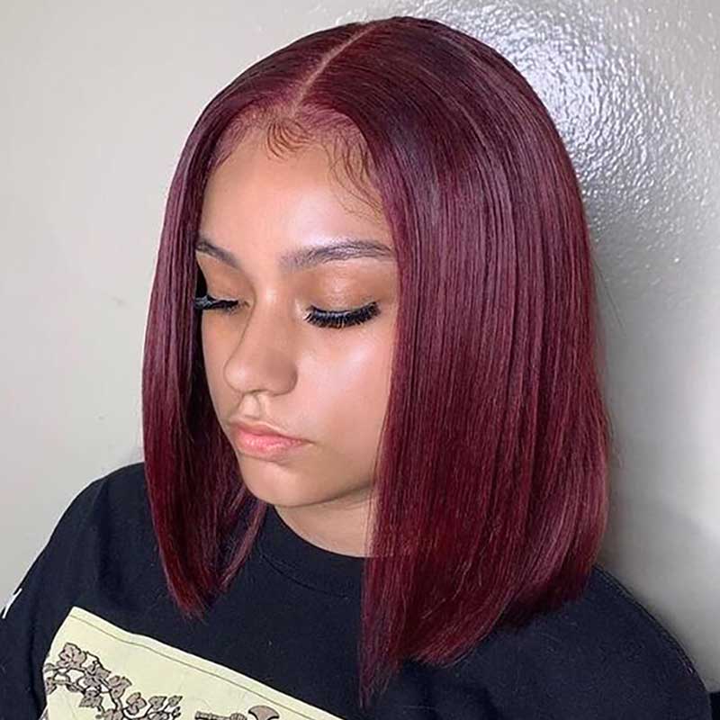 Aligrace 4X4 Closure Lace Straight Short Bob Wig Burgundy 99J Color