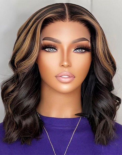 Jessies Wig HD Lace Highlight Bayalage Wavy Bob Wig Ombre Honey Blonde Human Hair Closure Wig