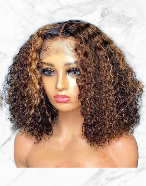 Jessies Wig 13x4 4x4 HD Lace Highlight Human Hair Honey Blonde Curly Bob Closure Wig