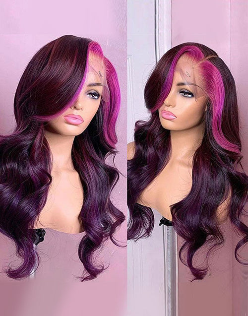 Jessies Wig Pink Purple Wavy 13x4 Lace Front Human Hair Wig Pink Streak At Front Glueless Wig