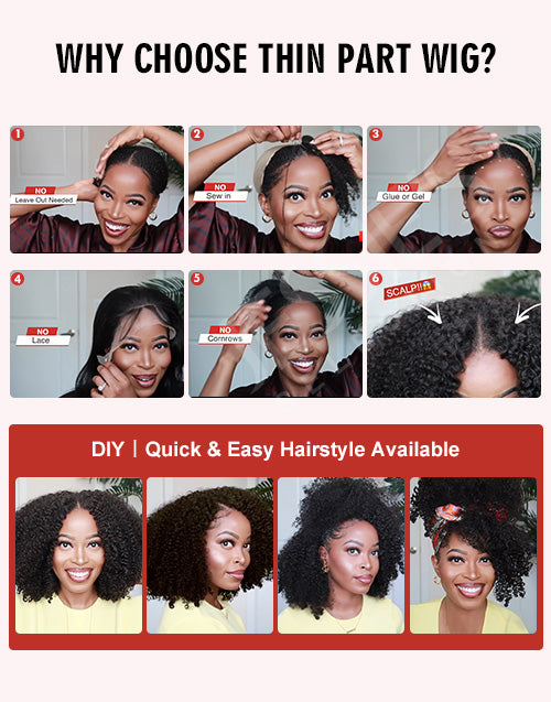 Jessies Wig 4B 4C Mongolian Afro Kinky Curly Thin V Part Wig Without Leave Out (Must TRY)