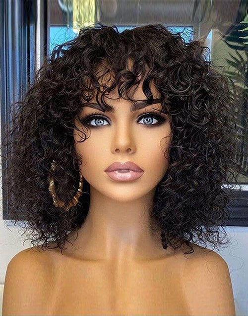 Jessies Wig Flash Deal $99.99 12" Curly 13X5 Lace Bob Wig With Bangs Glueless Human Hair Wig