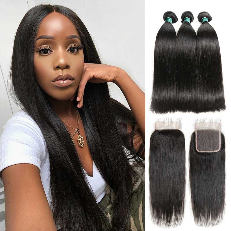 Ali Grace Brazilian Straight Hair Bundles 3 Pcs With 4x4 Lace Closure