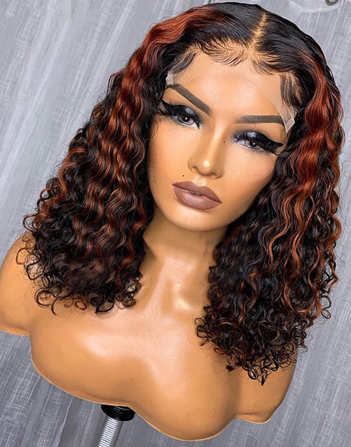 Jessies Wig 5X5 Crystal Lace Double Drawn Redish Brown Highlight Curly BoB Lace Closure Wigs