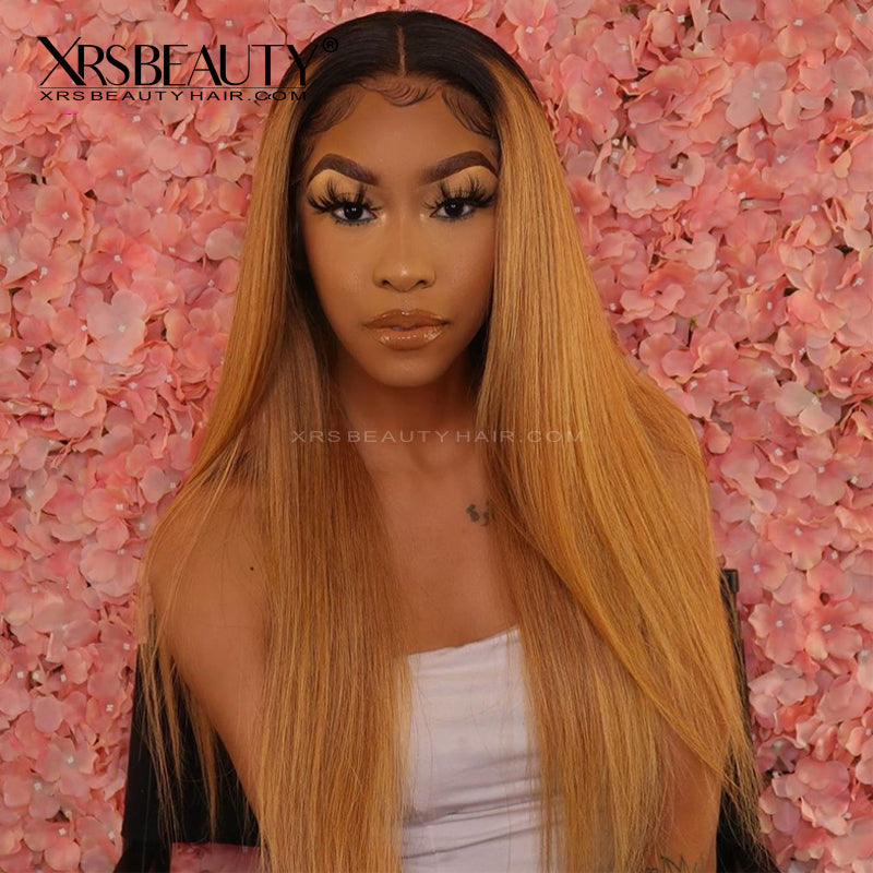 Xrs Beauty Hair Ombre Honey Blonde Straight Front Lace Human Hair Wigs With Baby Hair Pre Plucked [CFW38]