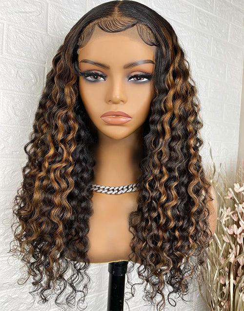 Jessies Wig Piano Brown Deep Curly 4x4 HD Lace Wig Glueless Preplucked Highlight Human Hair Wig