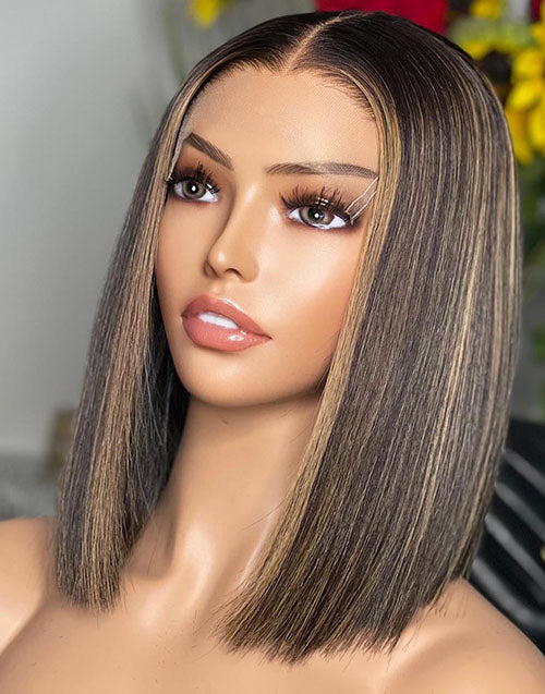 Jessies Wig Highlight Balayage Blonde Straight 13x4 Lace Front Bob Wig Glueless Human Hair Wig Double Drawn