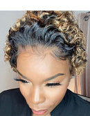 Jessies Wig Ombre Honey Blonde Short Curly Pixie Cut Wigs 13x1 Lace Front Human Hair Wigs