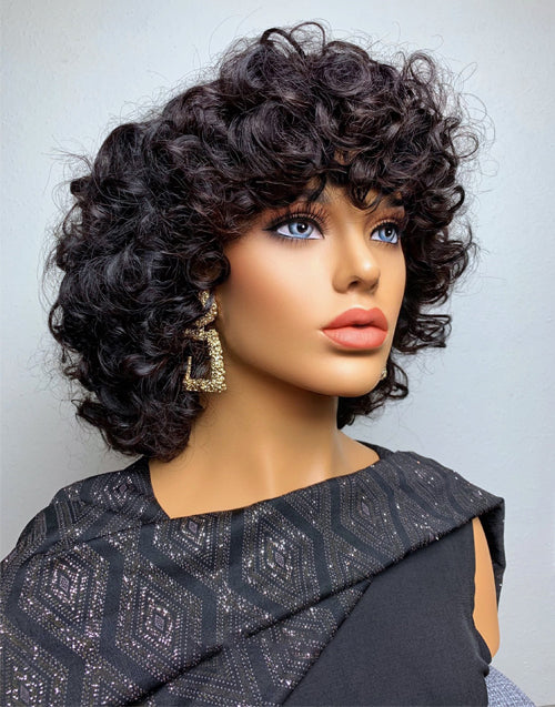 Jessies Wig Bouncy Curly Double Drawn Human Hair Wig With Bangs Rose Curly Hair Natural Black Color