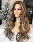 Jessies Wig Ash Blonde Highlight Wavy 13x4 Lace Front Wig With Dark Roots Glueless Swiss Lace Human Hair Wig