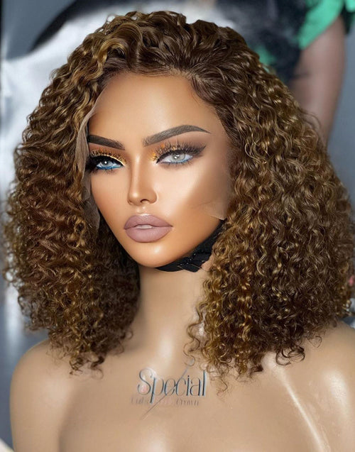 Jessies Wig Piano Honey Brown Curly 13x4 Frontal Bob Wig Glueless HD Lace Highlights Human Hair Wig