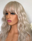 Jessies Wig Platinum Sliver Blonde Wavy 13x4 Lace Frontal Wig With Bangs Glueless Human Hair Wig