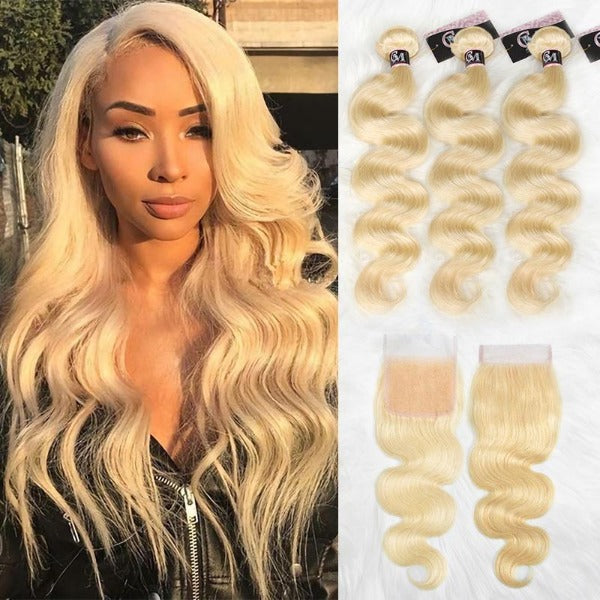 CurlyMe 613 Blonde Virgin Human Hair Body Wave 3 Bundles With 4x4 Closure