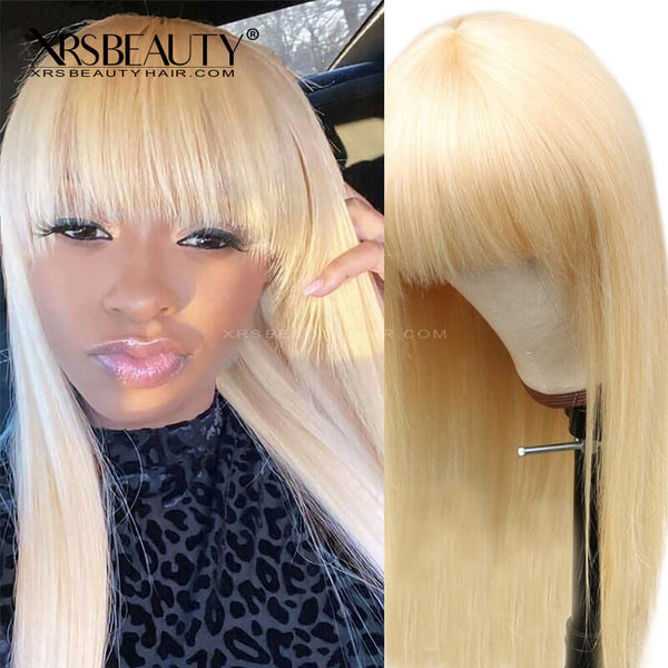 Xrs Beauty Hair 613 Blonde Wig with Bangs Long Straight Human Hair Lace Front Wig [CFW04]