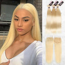 CurlyMe 613 Blonde Virgin Human Hair Straight 3 Bundles With 4x4 Closure