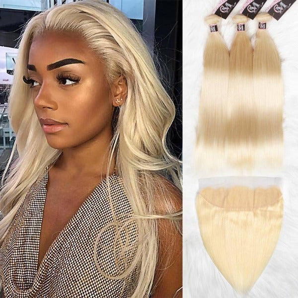 CurlyMe 613 Blonde Virgin Human Hair Straight 3 Bundles With 13x4 Frontal