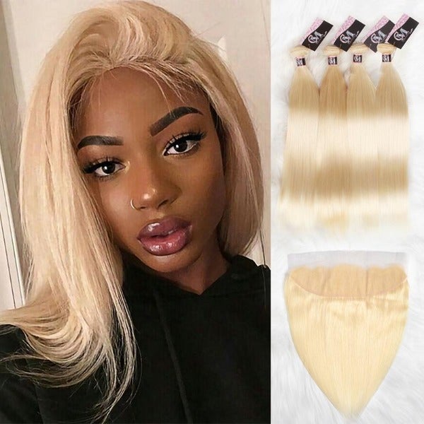 CurlyMe 613 Blonde Virgin Human Hair Straight 4 Bundles with 13x4 Frontal