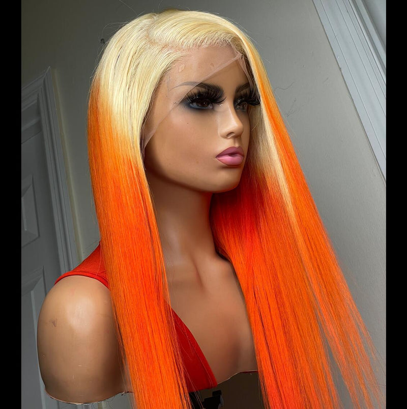 Brazilian 13x4 Lace Frontal Wig Straight Style Customized Ombre Honey Blonde 613 Orange Colored Wig