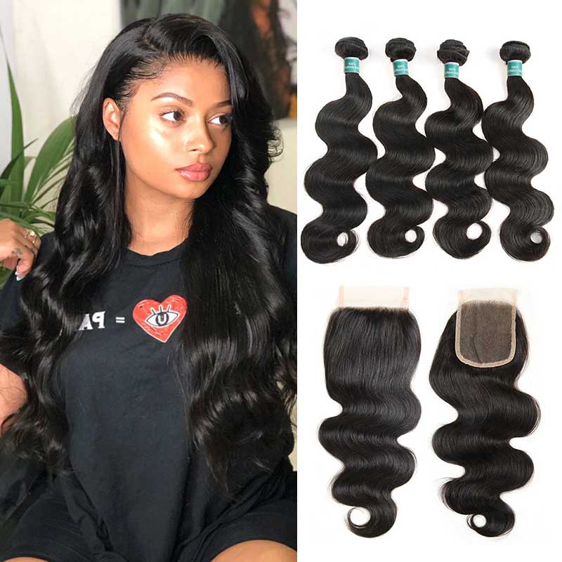 Ali Grace Malaysian Body Wave Hair Bundles 4 Pcs With 4x4 Lace Closure