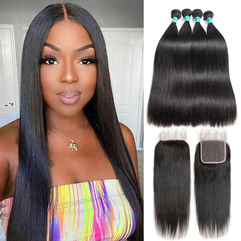 Ali Grace Straight Hair Bundles 4 Pcs with 4x4 Lace Closure