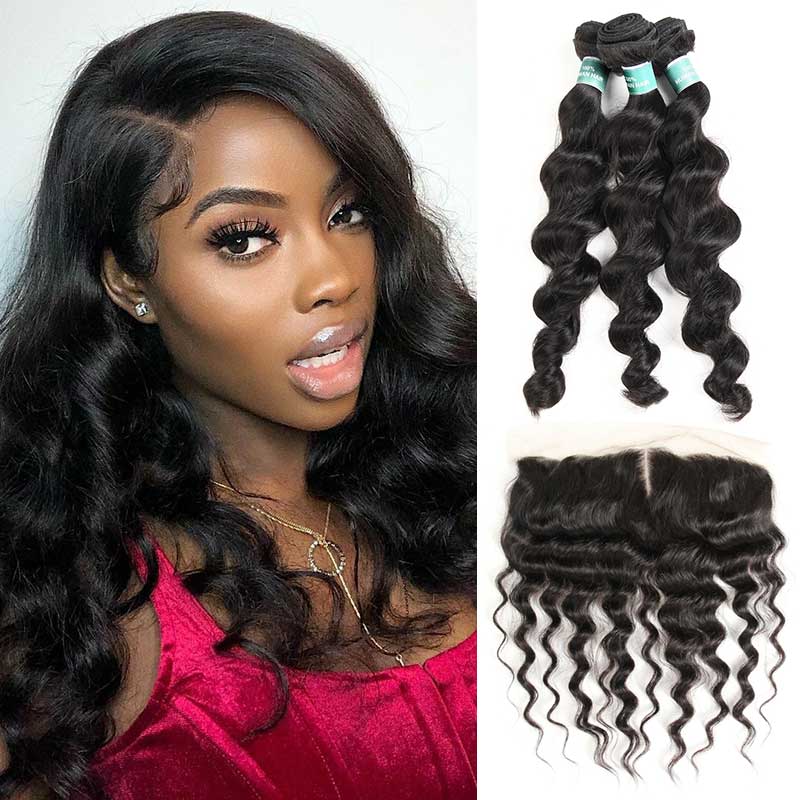 Ali Grace Peruvian Loose Wave Hair Bundles 3 Pcs with 13x4 Lace Frontal