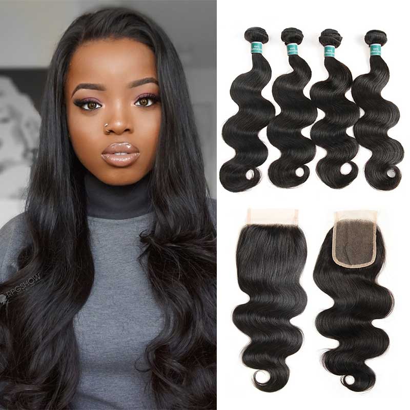 Ali Grace Malaysian Body Wave Hair Bundles 4 Pcs With 4x4 Lace Closure