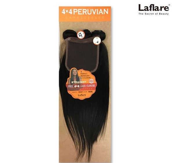 LAFLARE 4X4 CLOSURE WITH 3 PERUVIAN STRAIGHT BUNDLES (UNPROCESSED HAIR)