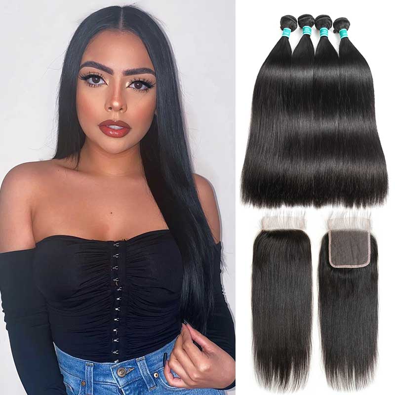 Ali Grace Straight Human Hair Bundles 4 Pcs With 4x4 Lace Closure